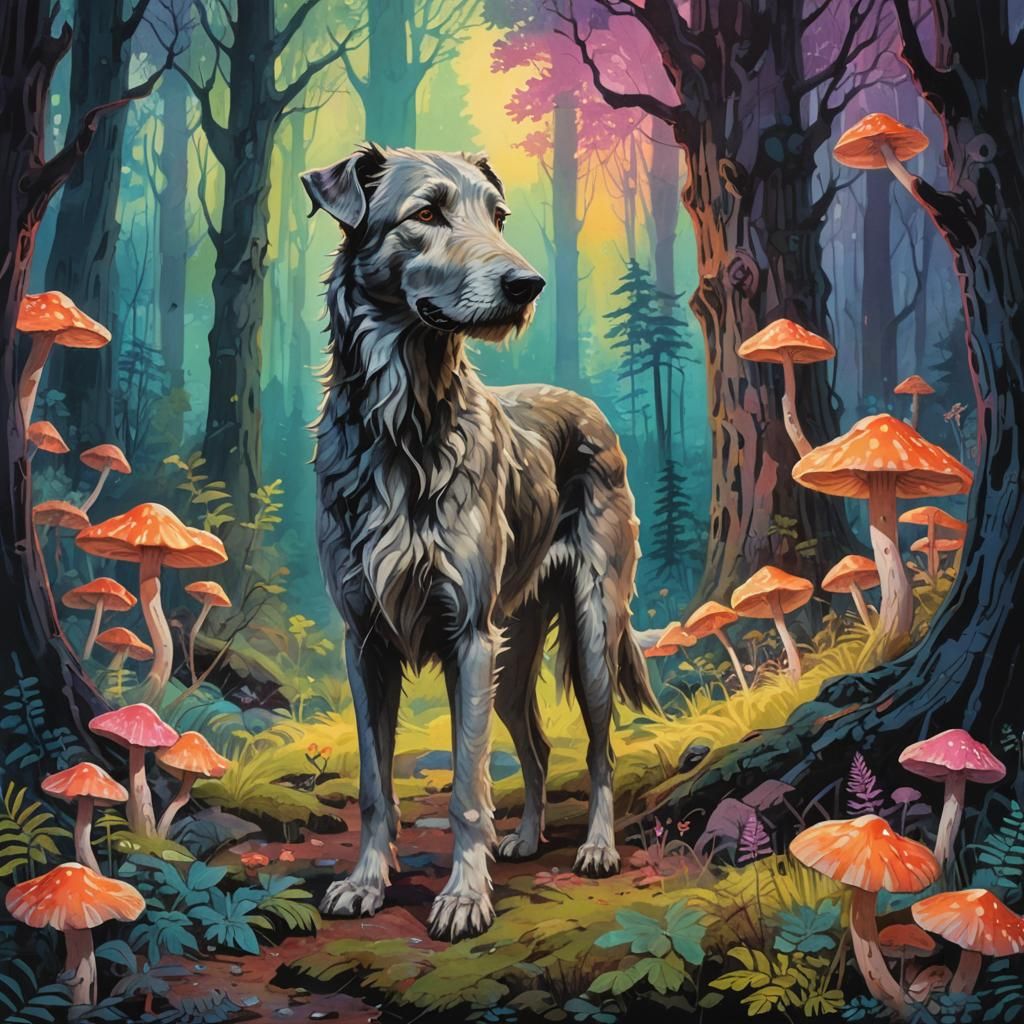 Wolfhound in Mystical Forest: Gouache Illustration