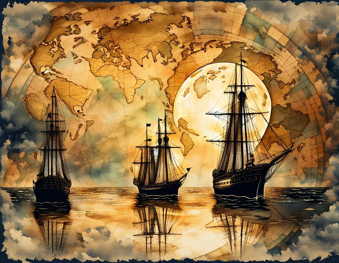 Sailing Ship at Midnight in Vintage Style