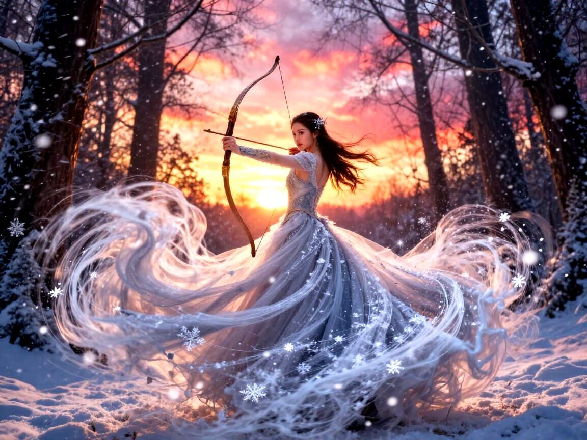 Archer Lady in Snowy Forest at Sunset