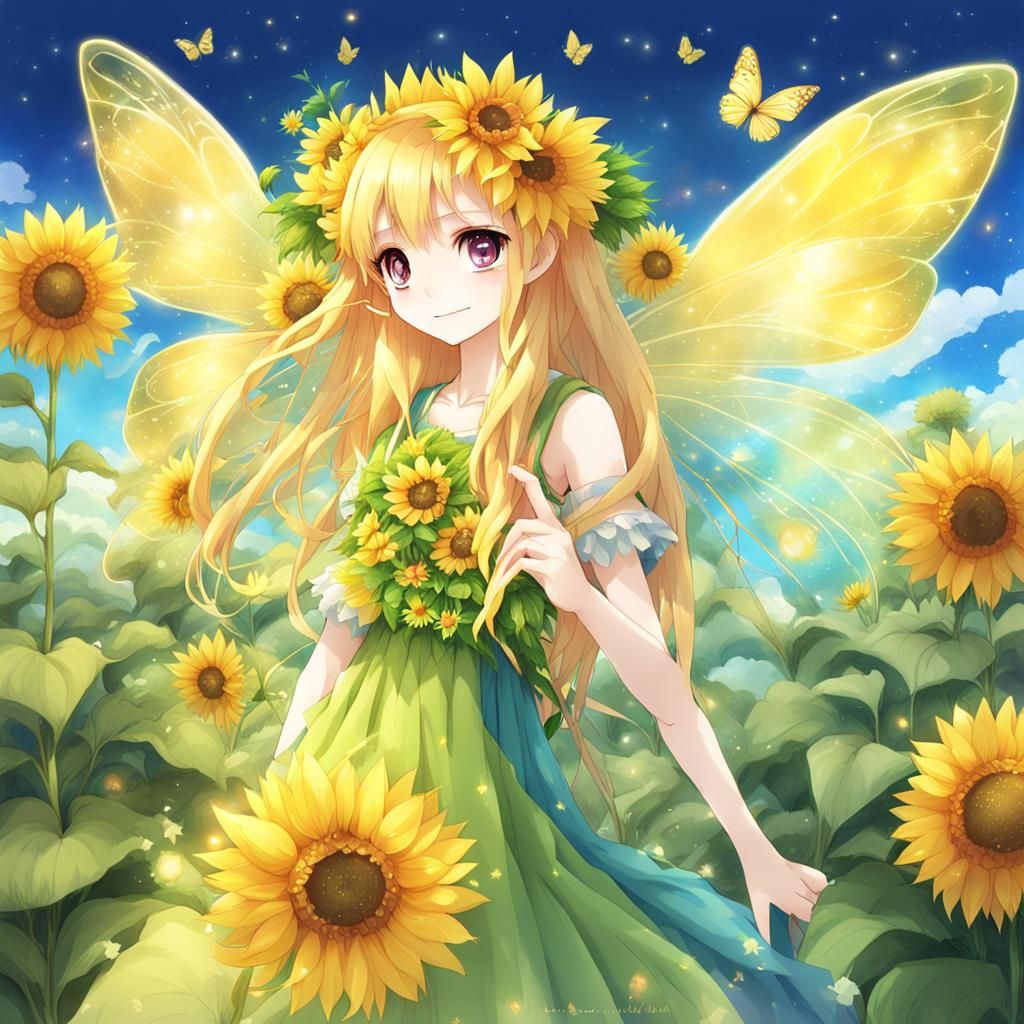 Rainbow Summer Fairy with Sunflower, Anime Style