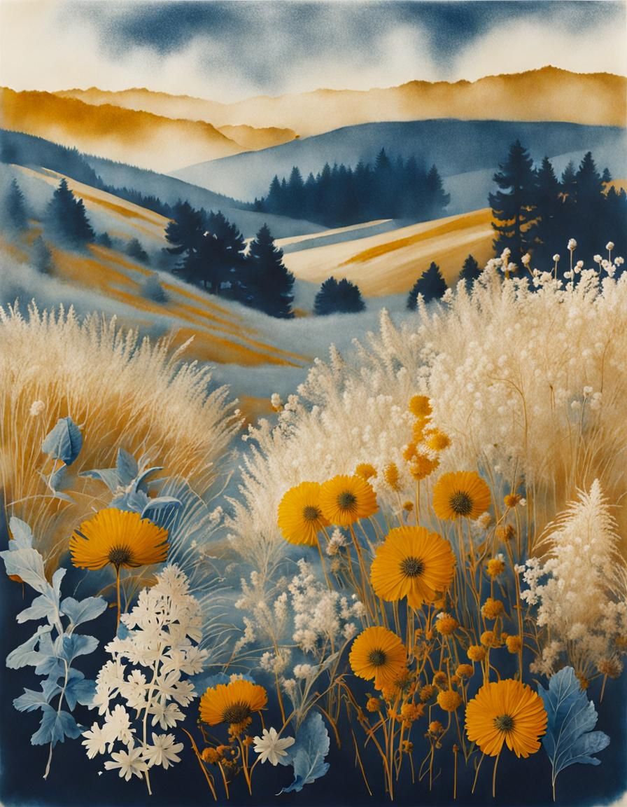 Ethereal Cyanotype Landscapes with Floral Details