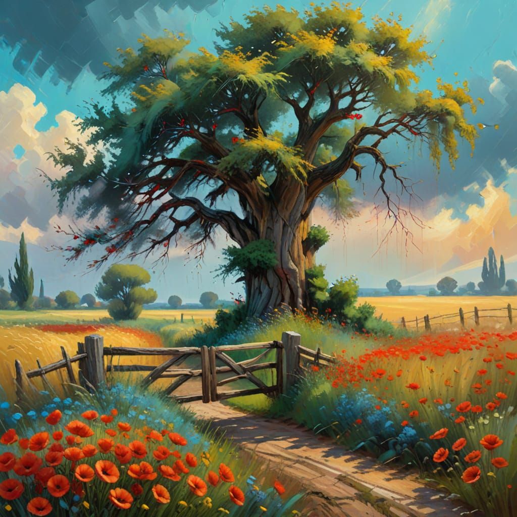 Impressionist Cypress Tree in Wheat Field Oil Painting