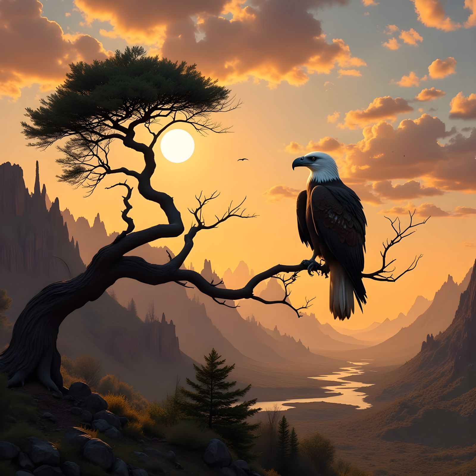 Eagle in Canyon Sunset: Vintage Cartoon Style