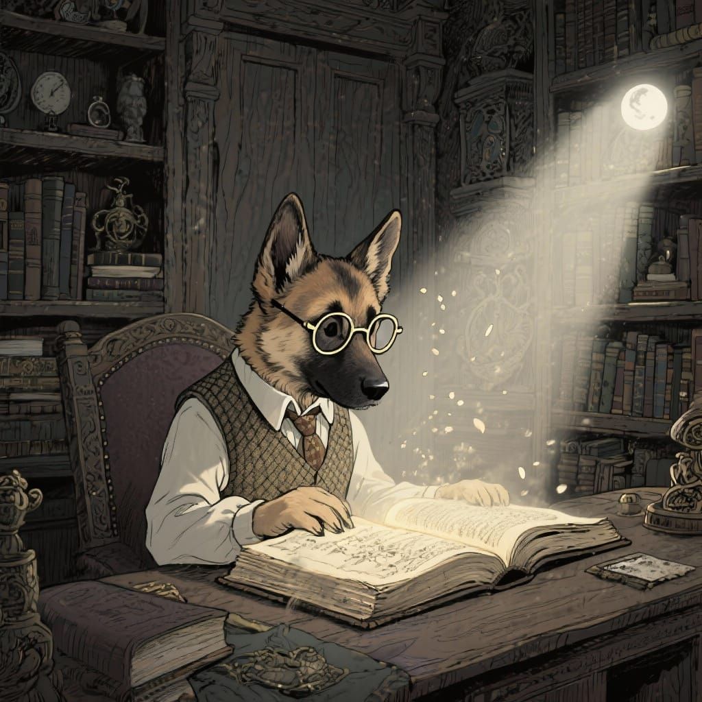 Clever Puppy Reads Ancient Book in Study