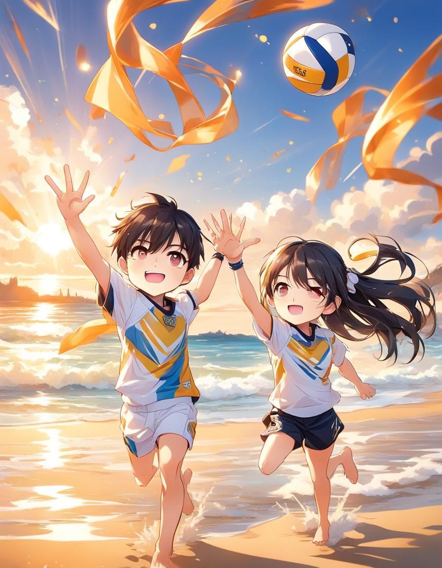 Chibi Kids High Five on Beach in Anime Style
