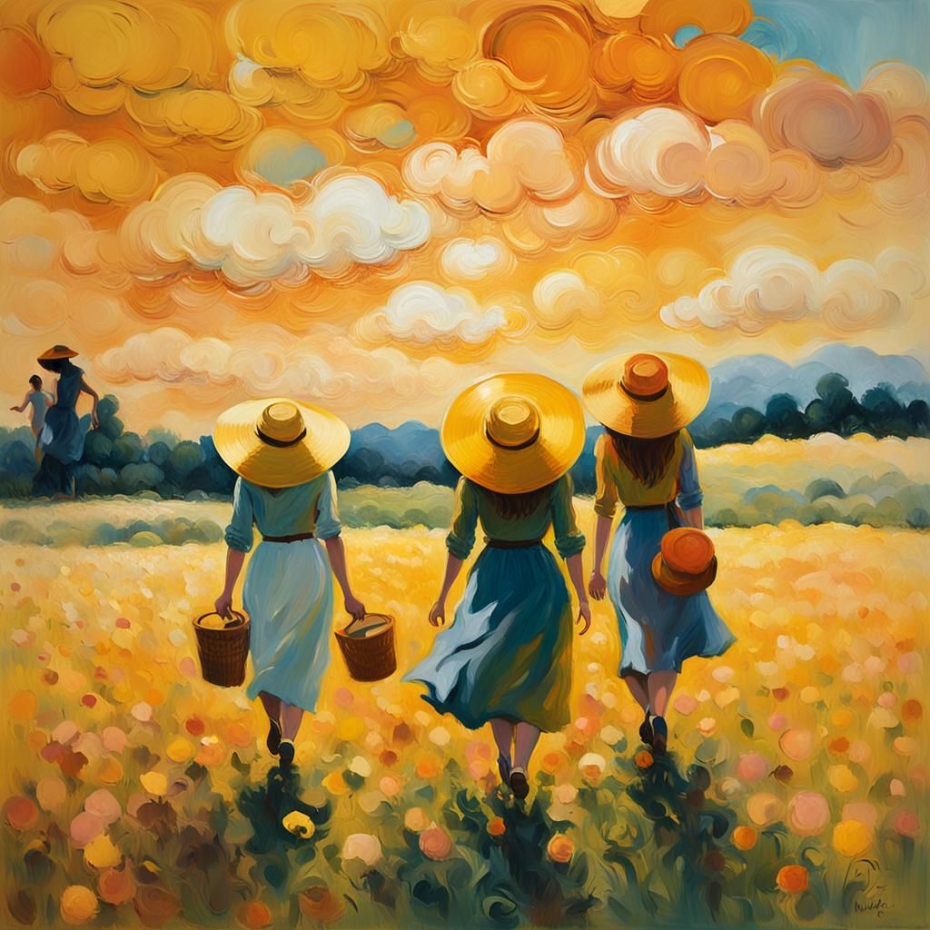 Girls in Yellow Hats: Neo-Expressionist Meadow Scene