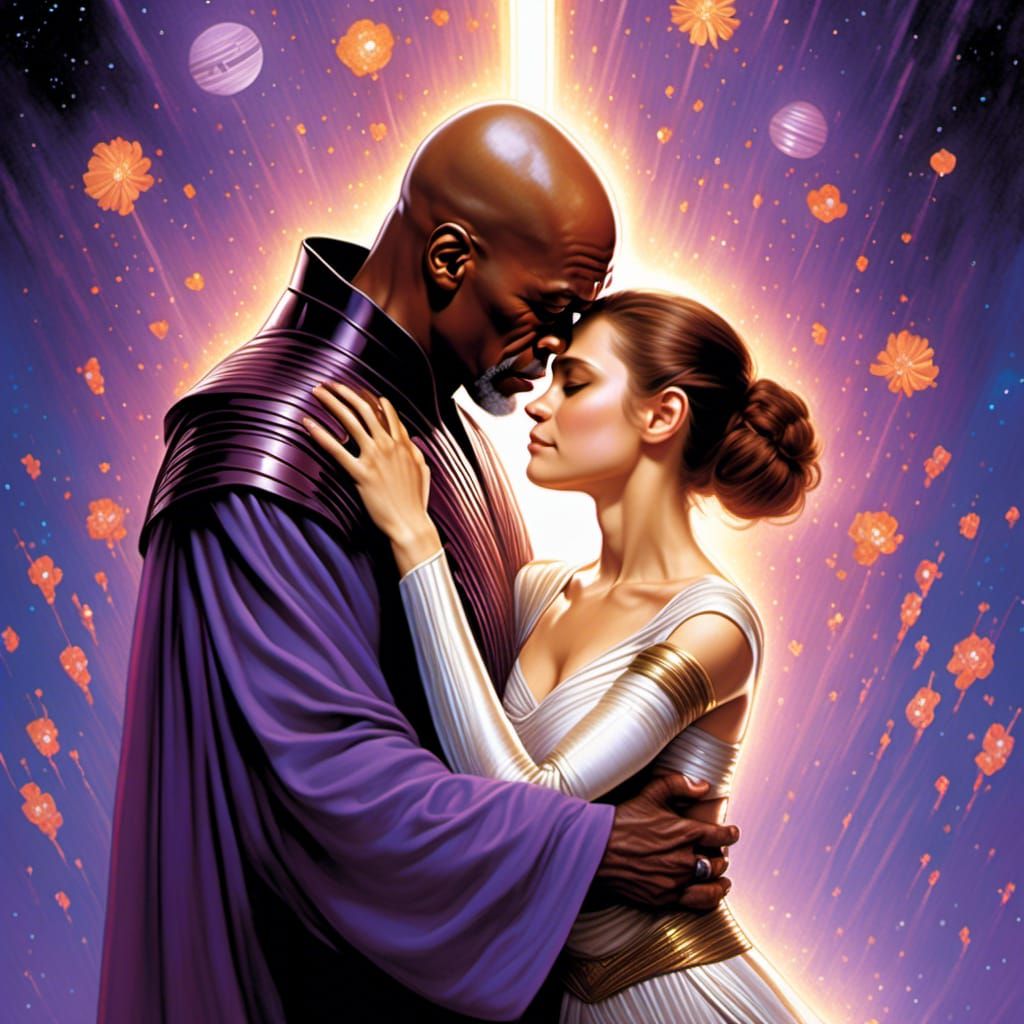 Mace Windu and Padme Embrace in Hyperreal Detail
