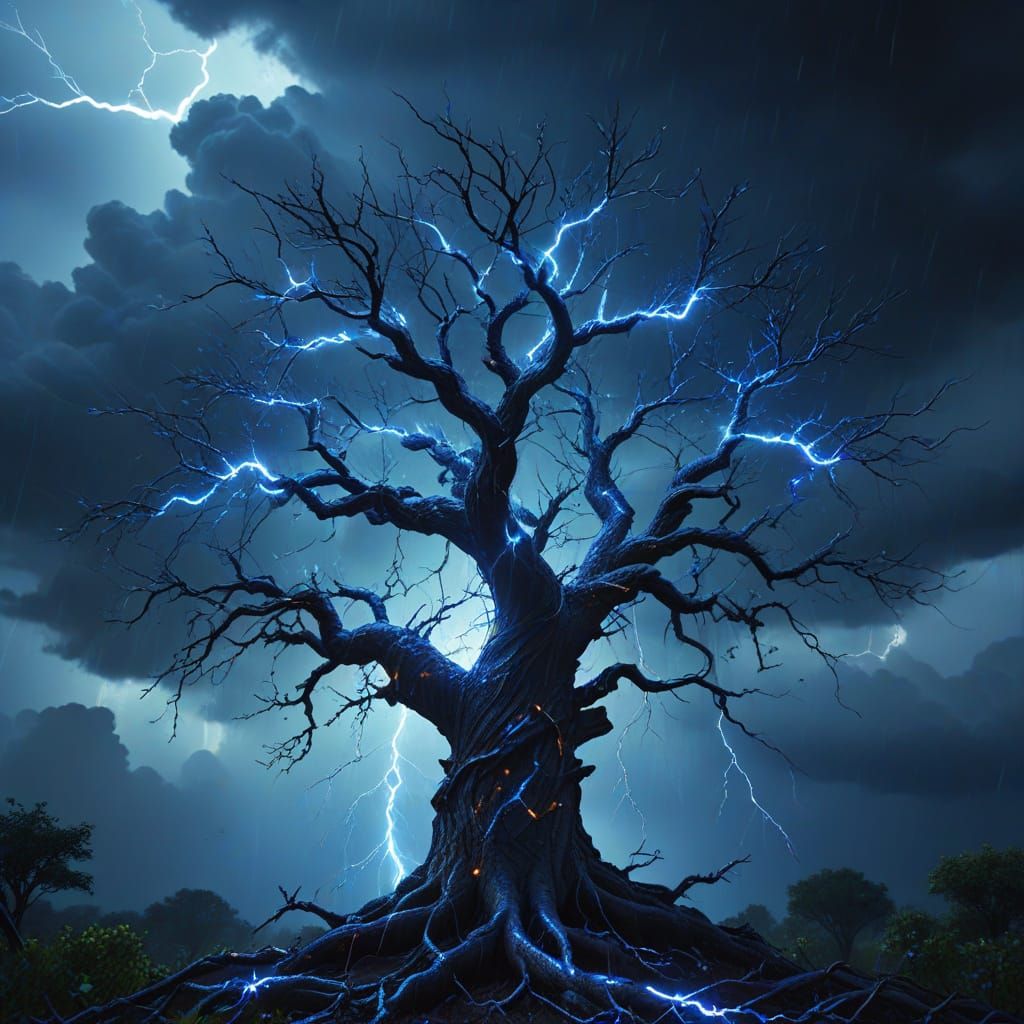 Mystical Tree of Life in a Surreal Lightning Storm