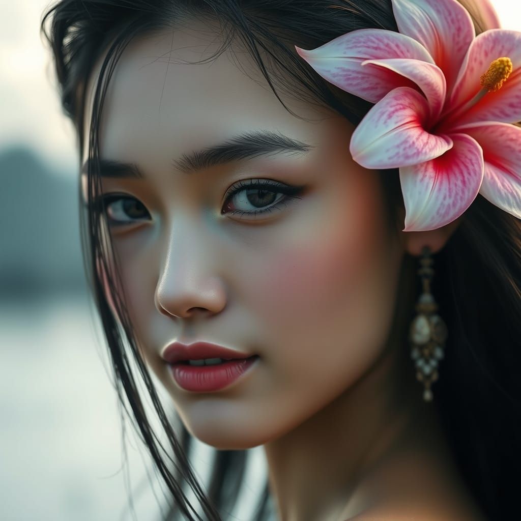 Ethereal Burmese Goddess with Exotic Flower in Hair