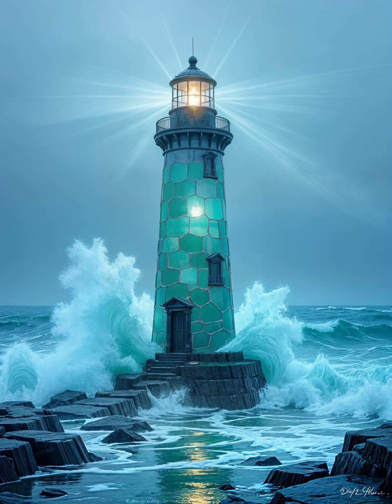 Sea Glass Lighthouse Amidst Stormy Seas
