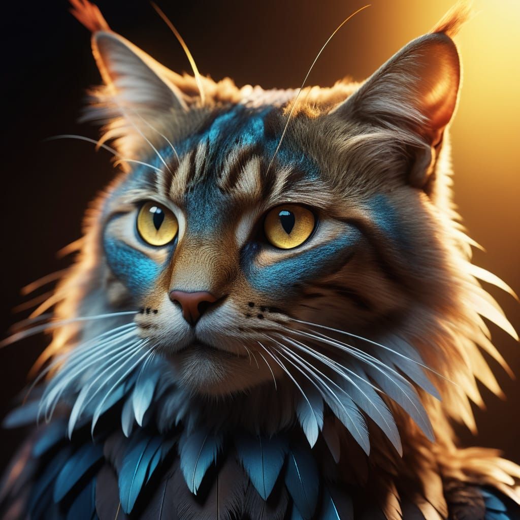 Hyper-Realistic Feline-Bird Hybrid in Iridescent Splendor
