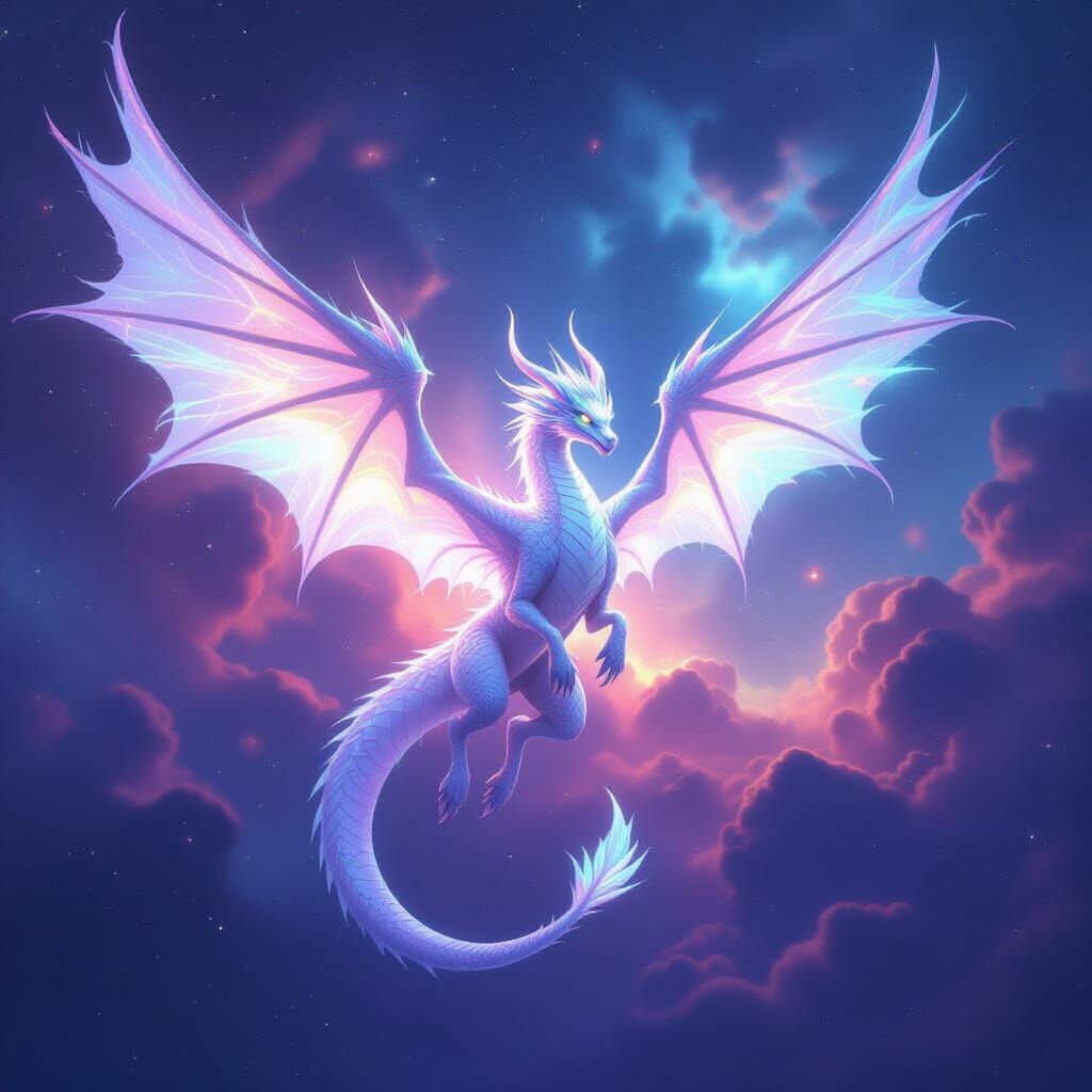 Celestial Ice Dragon Soaring Through Nebula
