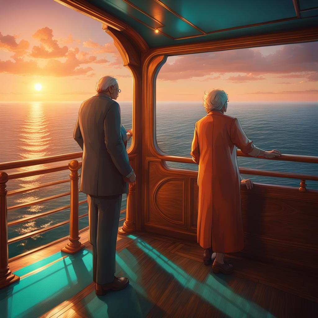 Romantic Cruise Sunset in Art Nouveau Style