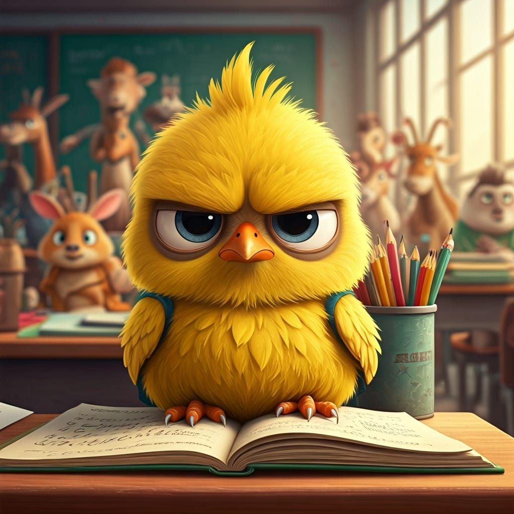 Grumpy Chick at Animal School in Cartoon Style
