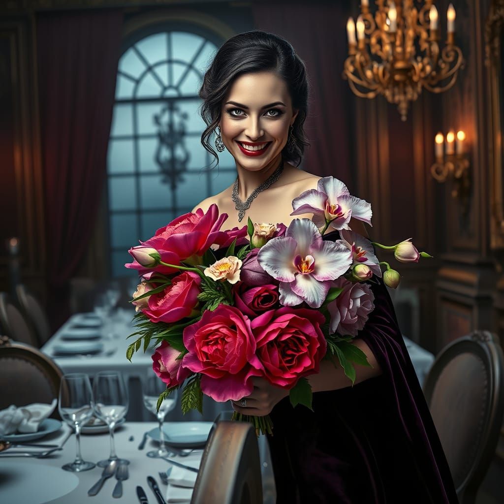 Vampire smiles wickedly while holding a vibrant bouquet
