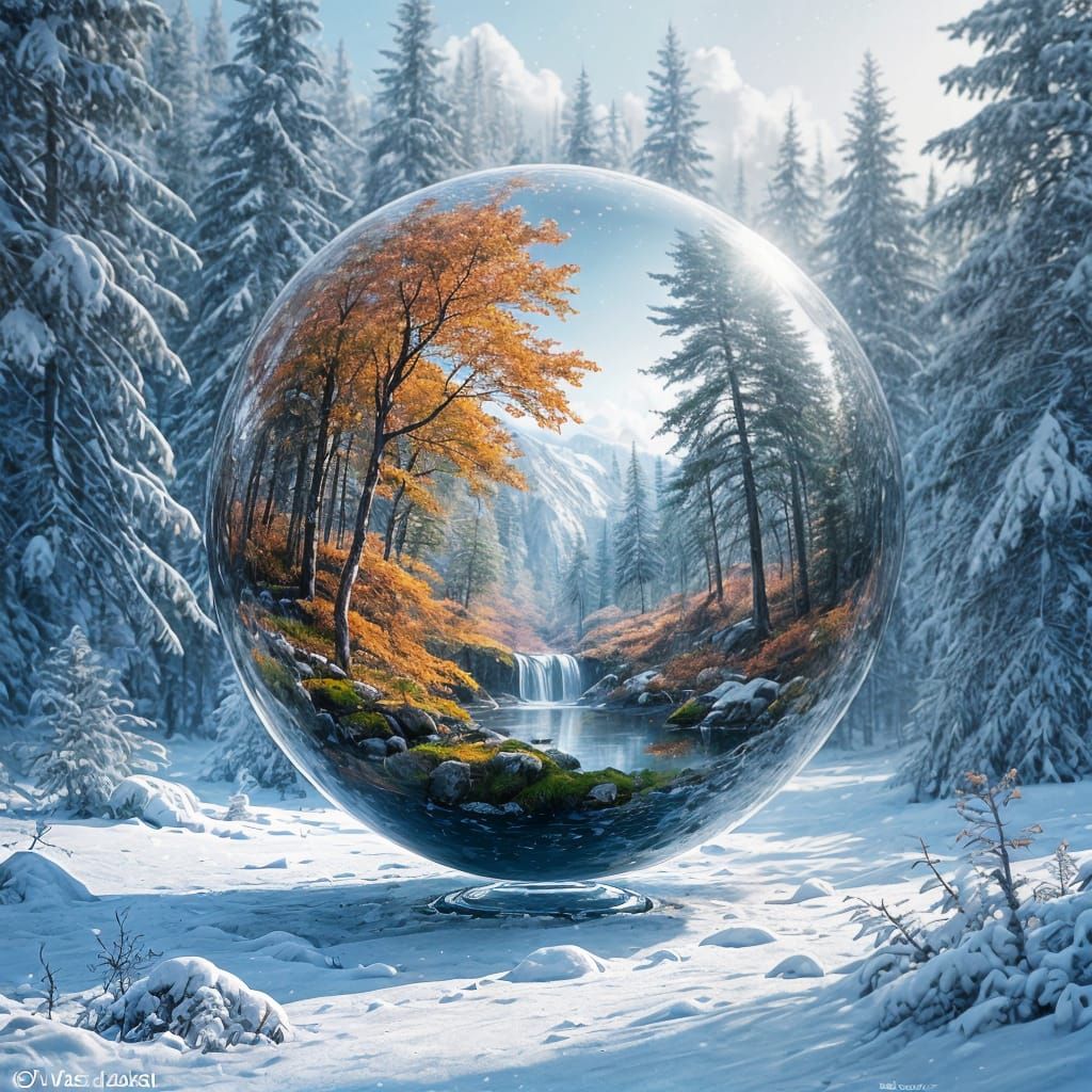 Crystal Water Sphere Encapsulates Autumn Forest Landscape