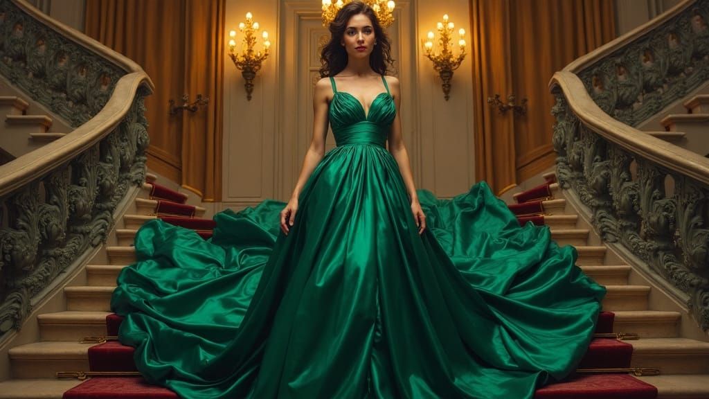 Woman in Emerald Silk Gown on Grand Staircase
