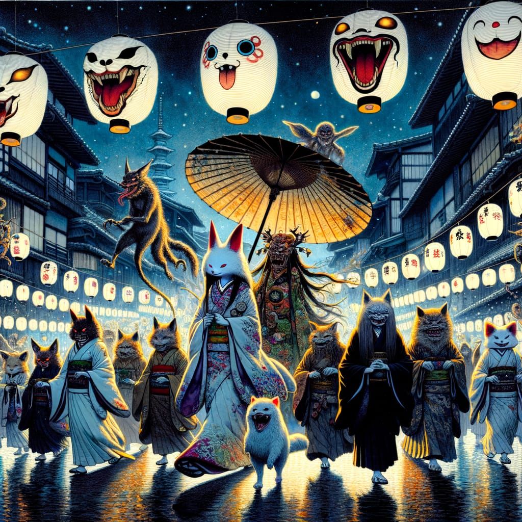 Yokai Parade in Modern Cityscape, Ukiyo-E Alcohol Ink Style