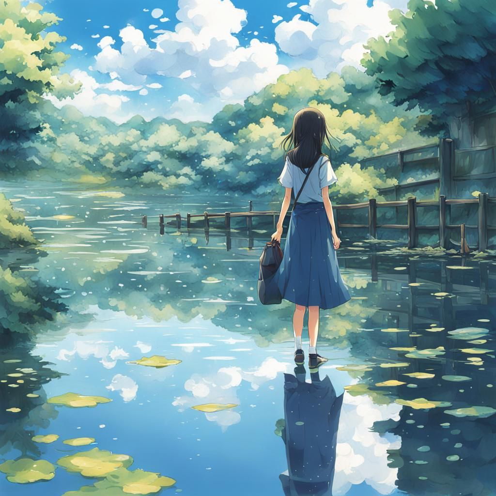 Anime Girl's Reflection: Japanese Manga Art