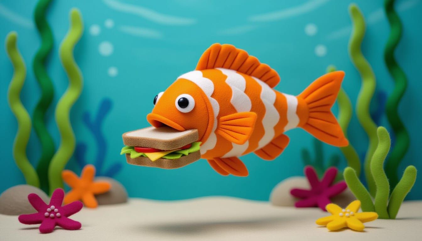 Friendly Felt Fish Eating a Felt Sandwich