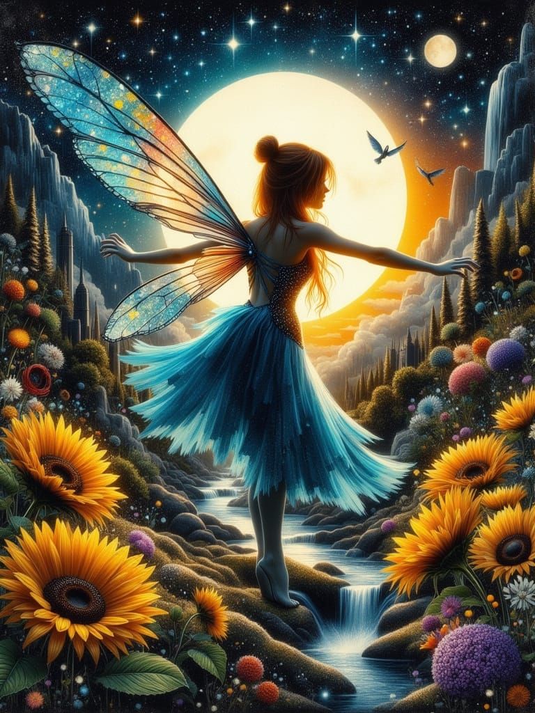 Pixie Fairy Dancing by Moonlit Waterfall