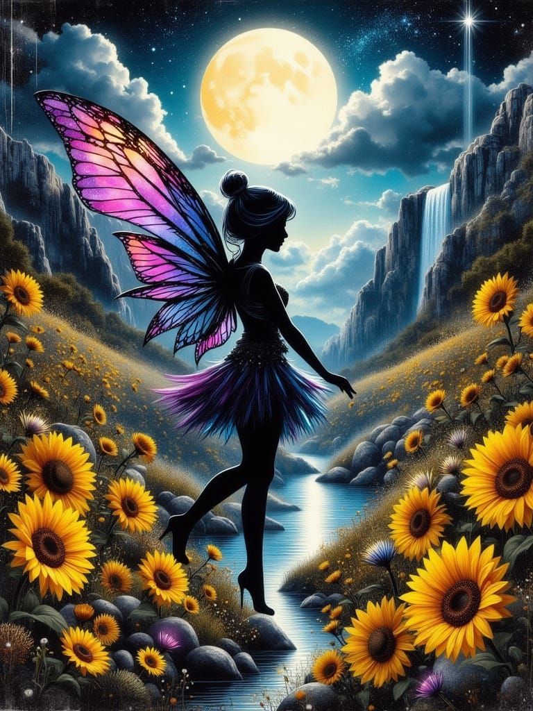 Pixie Fairy Dancing Among Sunflowers Under Bright Moon