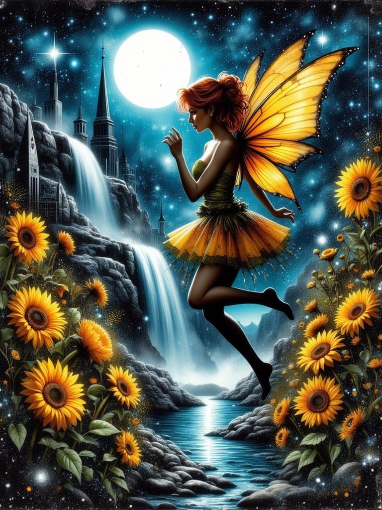 Pixie Fairy Dancing by Waterfall Under Moonlight