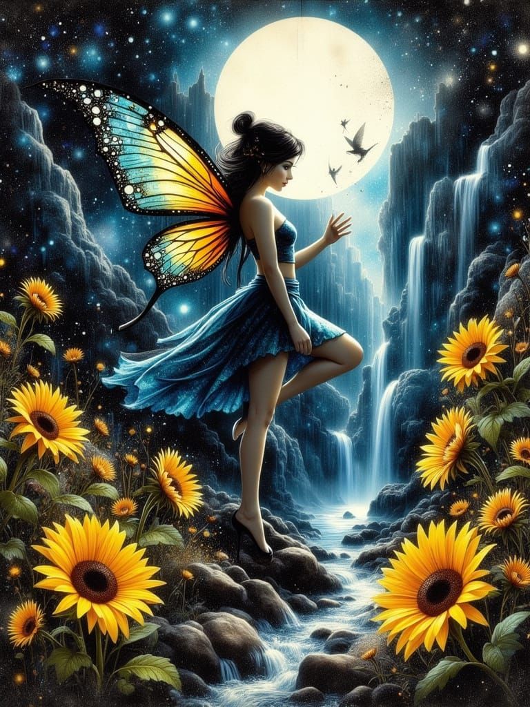 Pixie Fairy Dancing by Waterfall Under Moonlight