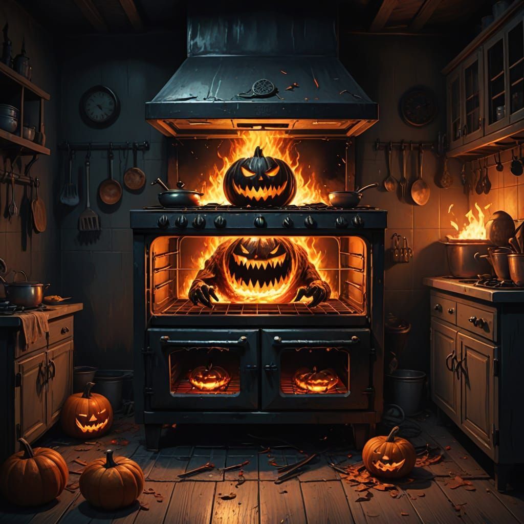 Terrifying Oven Monster in Gothic Horror Kitchen