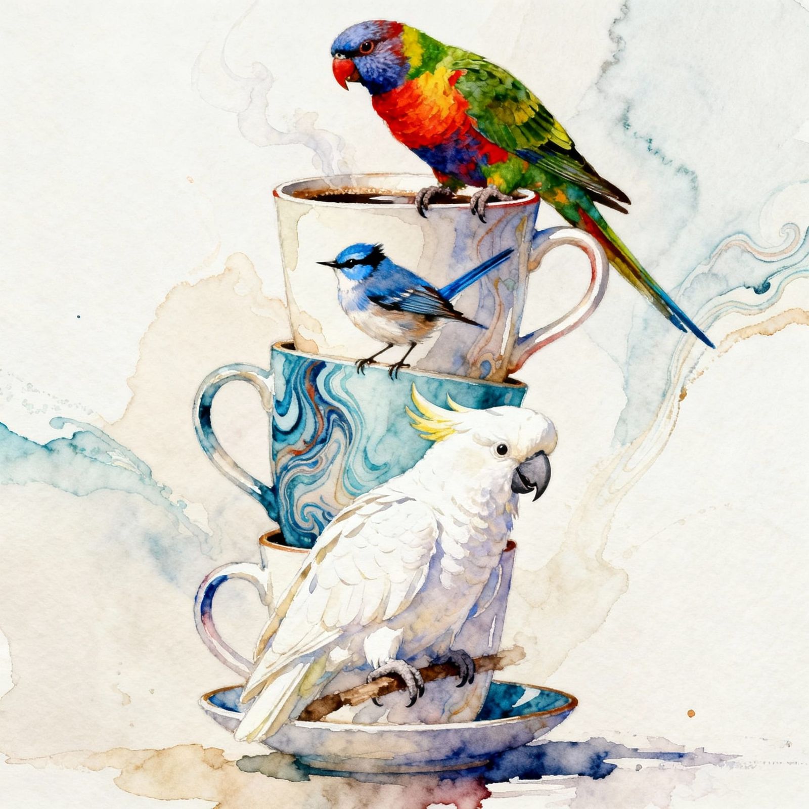 Watercolor Coffee Mugs with Exotic Birds