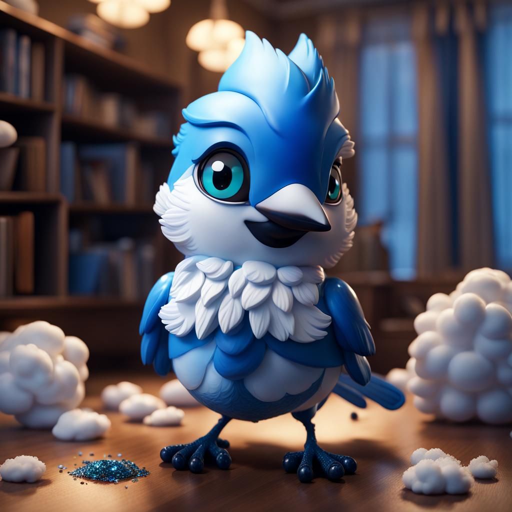 Adorable Cloud Chibi Blue Jay in Living Room