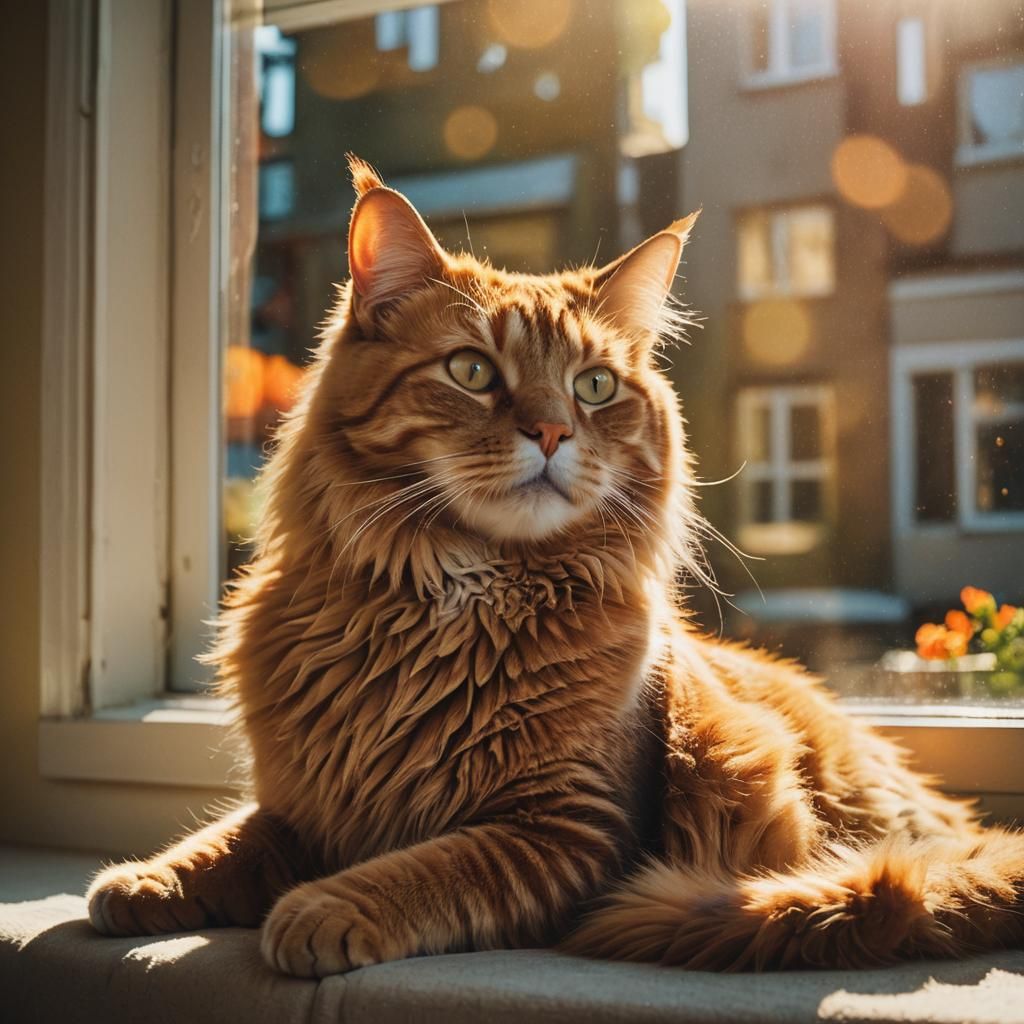 Orange Cat Lounging, Rainbow Outside, Cinematic Style