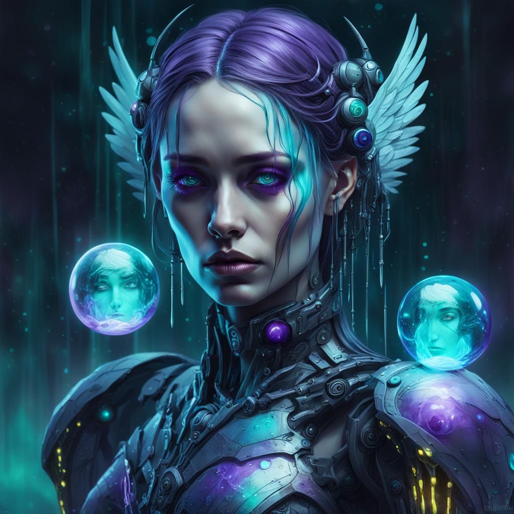Cyborg Angel Portrait with Bioluminescent Orbs