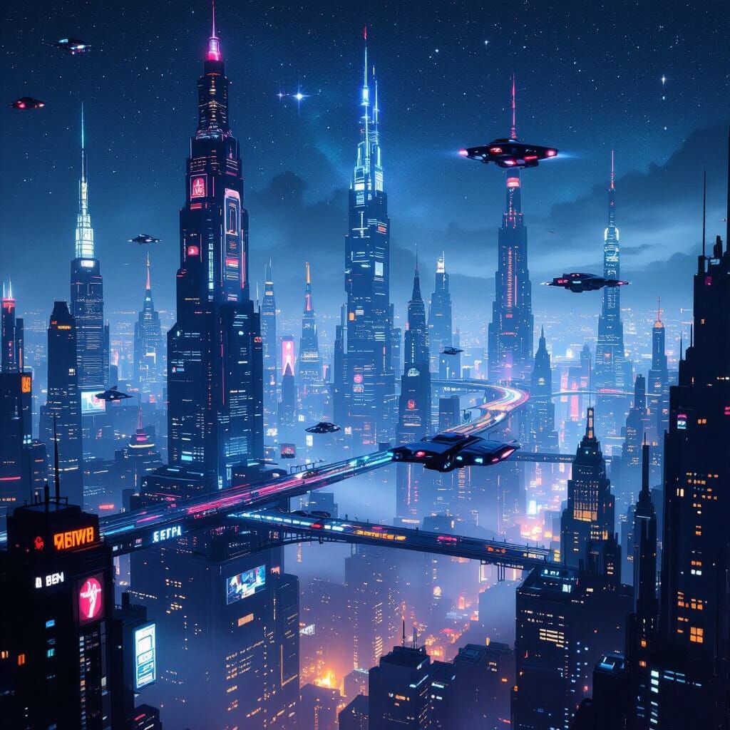 Futuristic Cityscape at Night with Neon Lights