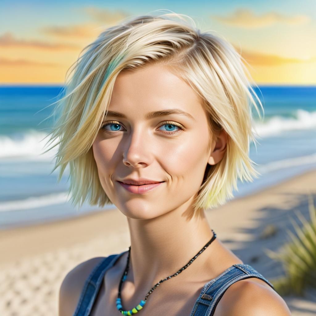 Attractive Blonde Woman with Punk Hair on Beach