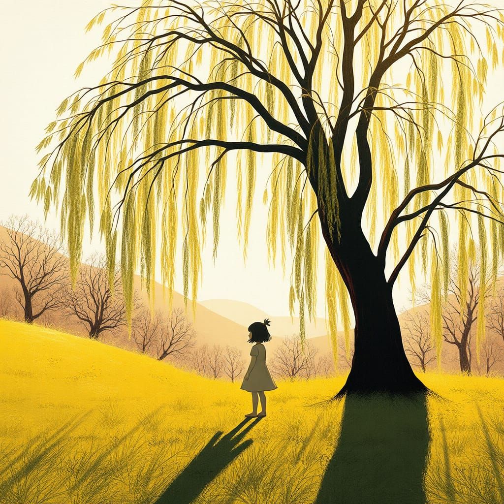 Girl Under Weeping Willow in Minimalist Collage Style