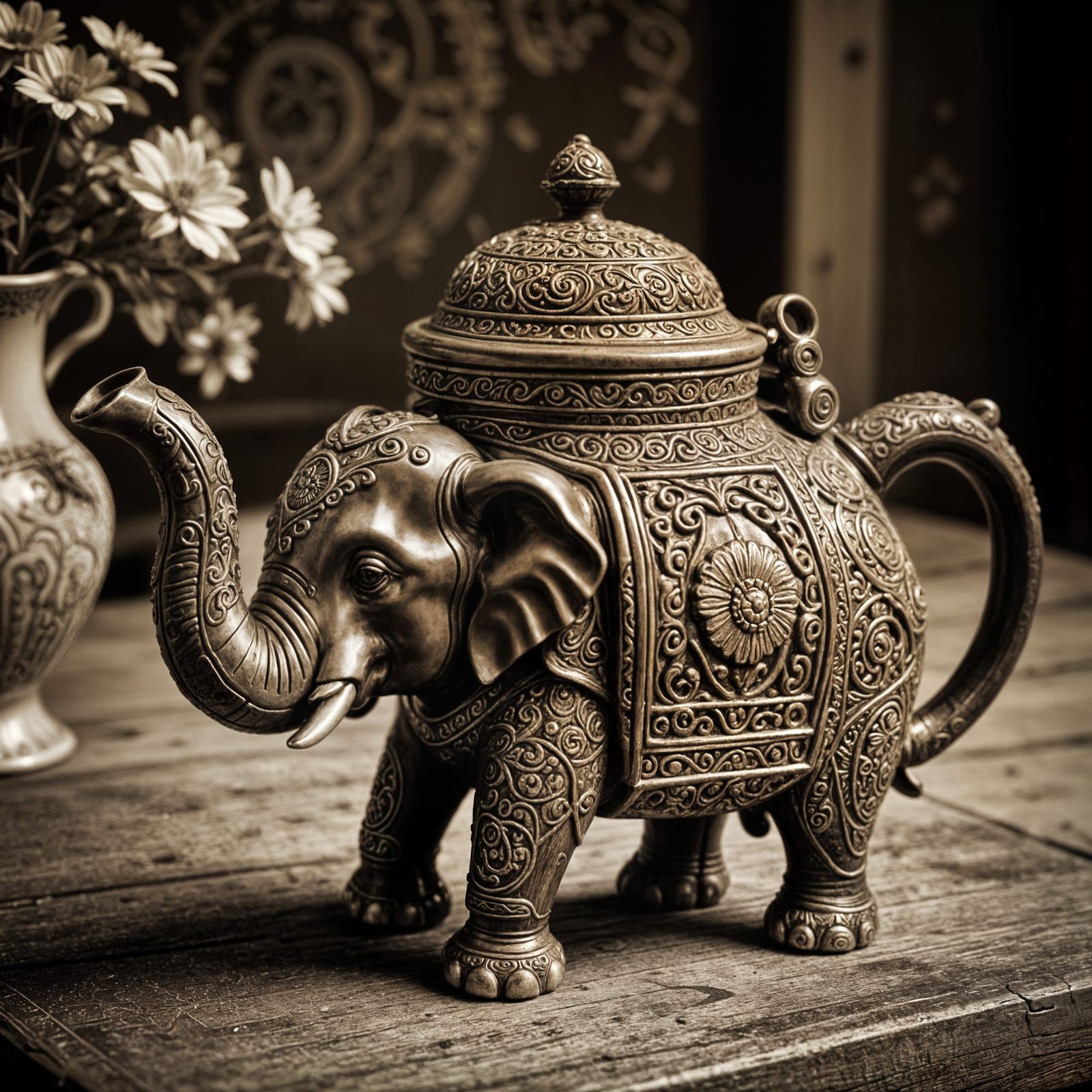 Vintage Elephant Teapot in Sepia Tones