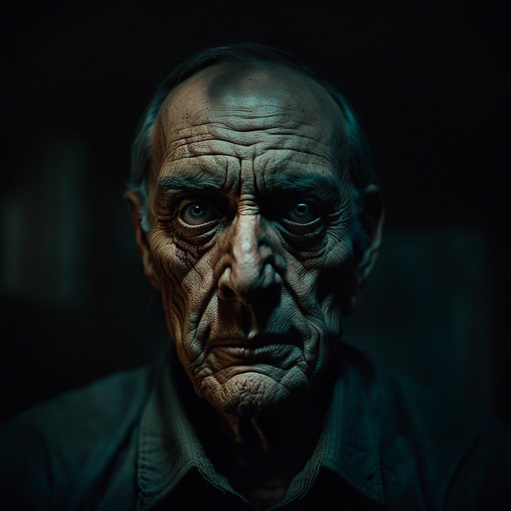 Terrifying Face in Dark Room, Cinematic Film Still