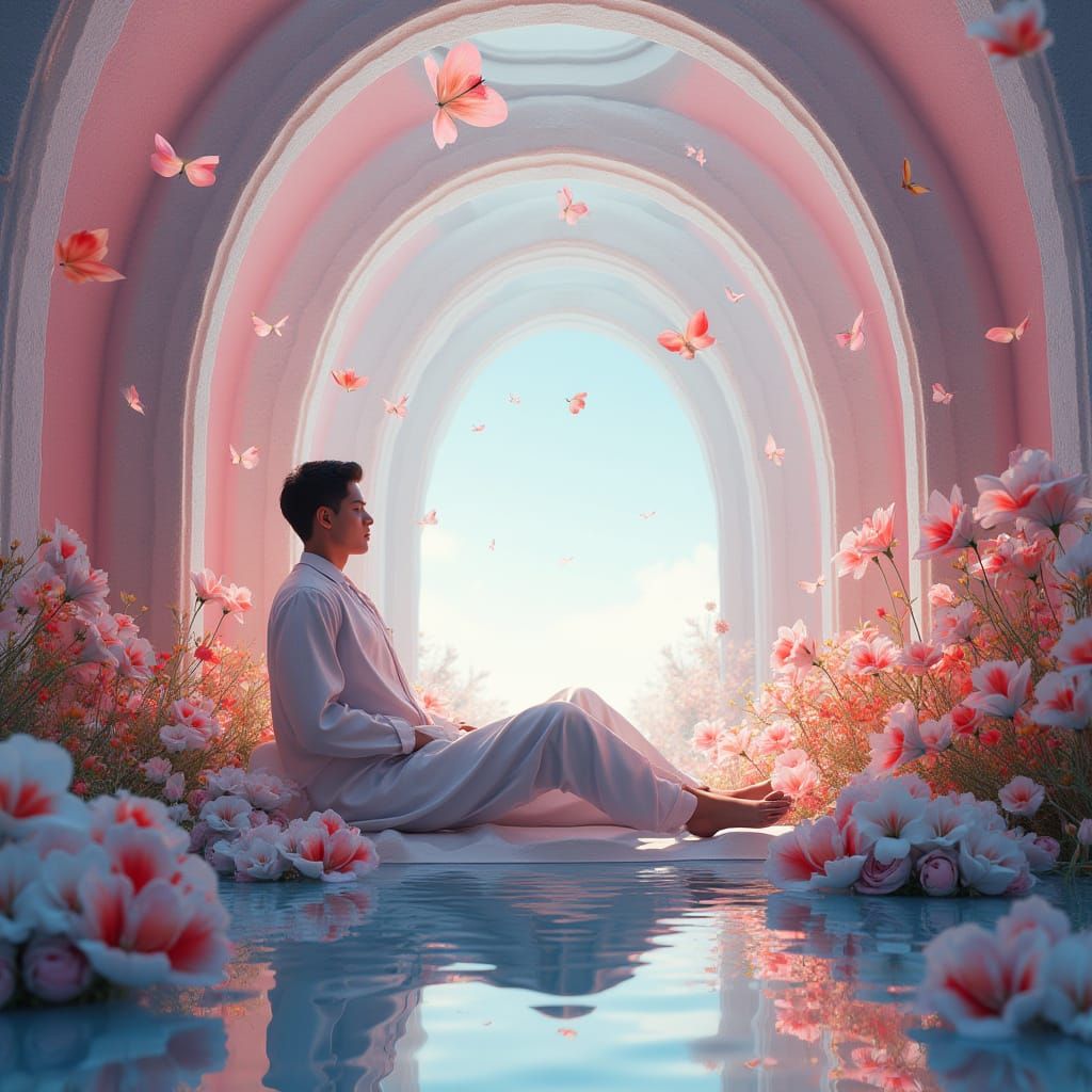 Dreamlike Kaleidoscope Portals Surround a Reclining Man in F...