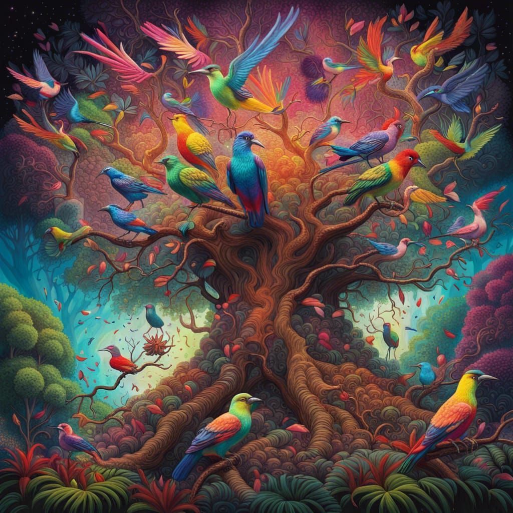 Psychedelic Tree of Life with Exotic Birds
