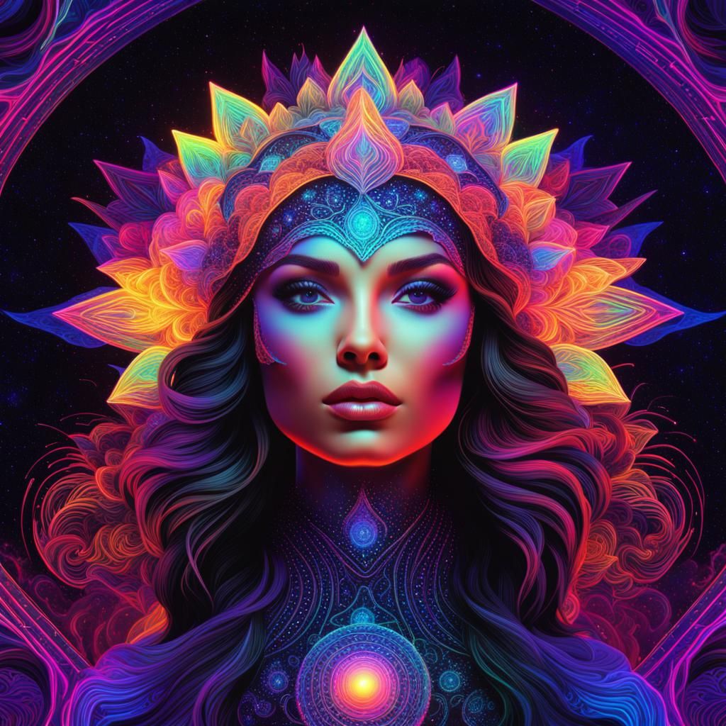 Hyperrealistic Ecstatic Woman with Bioluminescent Flower