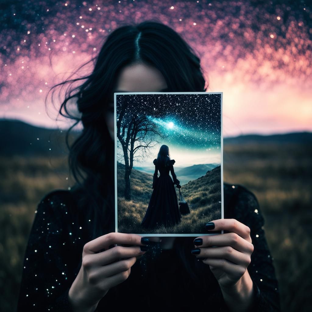 Gothic Maiden with Polaroid in Dark Fantasy Style