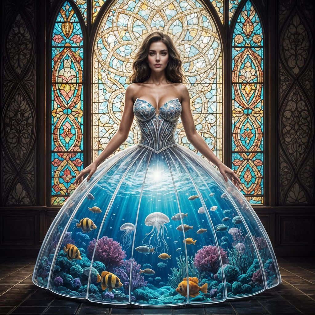 Brunette in Epic Glass Gown with Underwater World