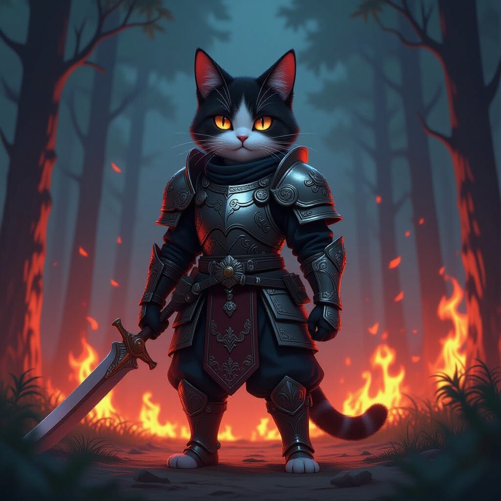 Armored Cat Warrior in Burning Forest, Anime Style