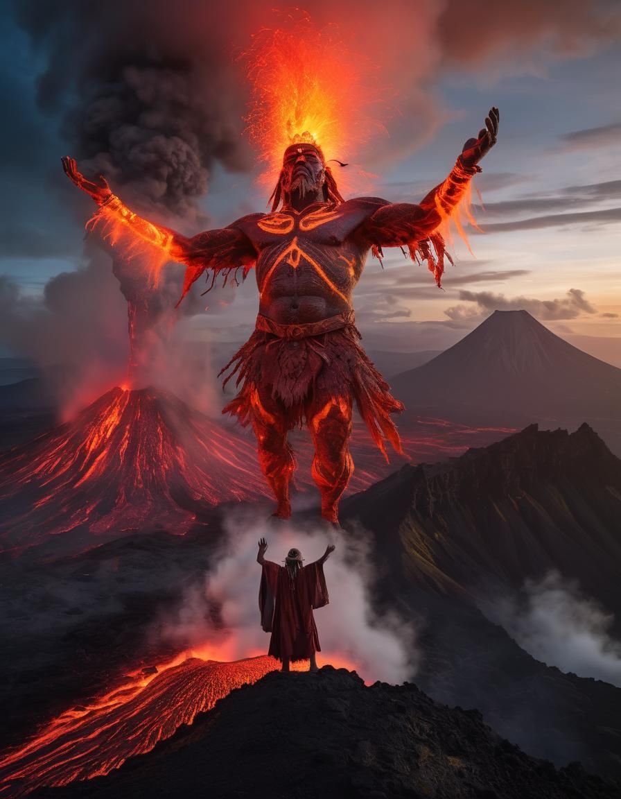 A shaman standing on a mountain ledge with his hands raised....