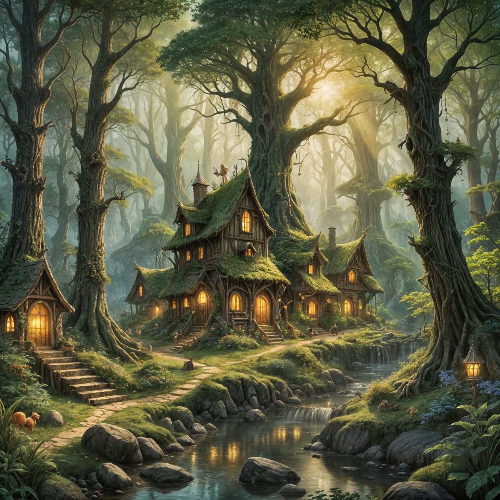 Enchanting Elven Village with Magic, a Fantasy Digital Paint...