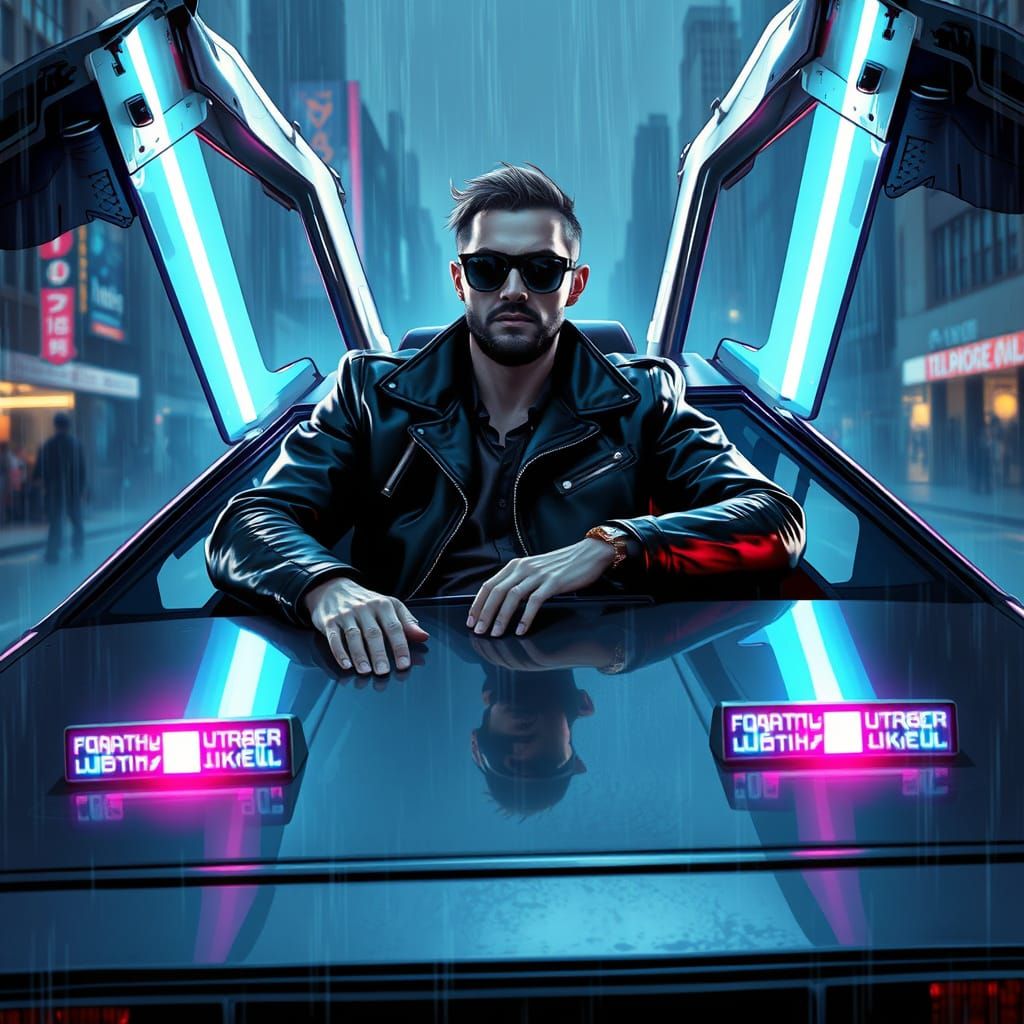 Cyberpunk Man in DeLorean, Neon Cityscape Art