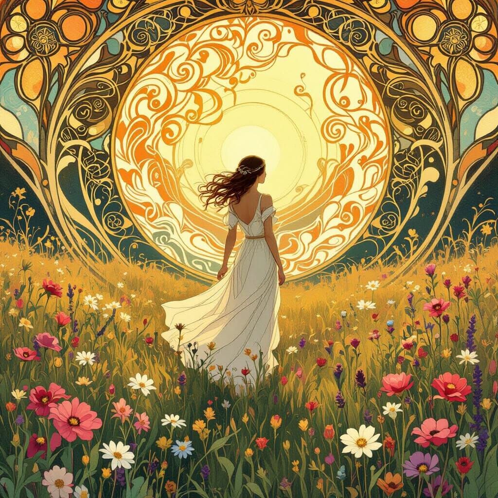 Person in Harmonious Meadow with Nature's Elements