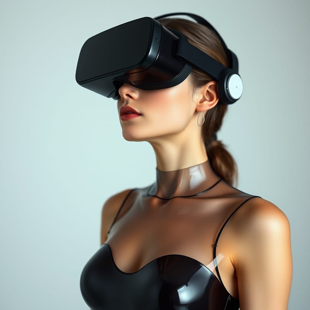 Petite Woman in High-Gloss Latex Bodysuit with VR Headset