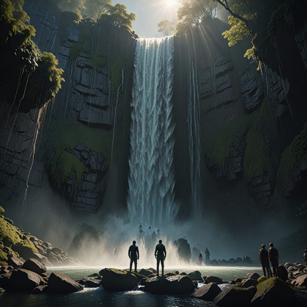 Vivid Waterfall Scene with Sunbeams and People
